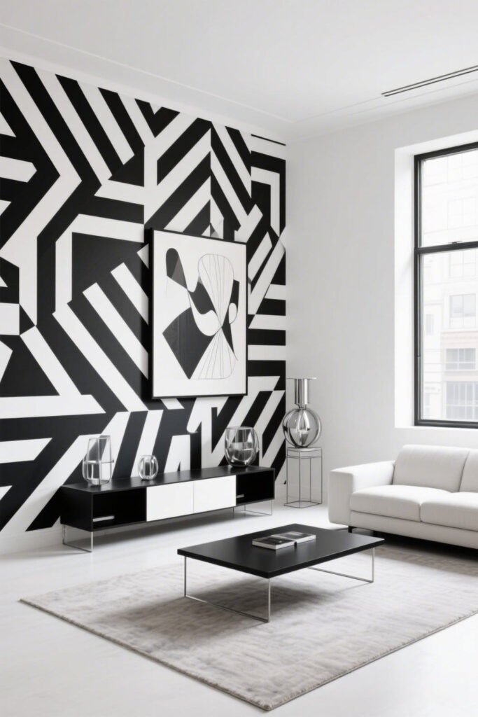 Black and White Geometric Wallpaper + Crisp White Paint