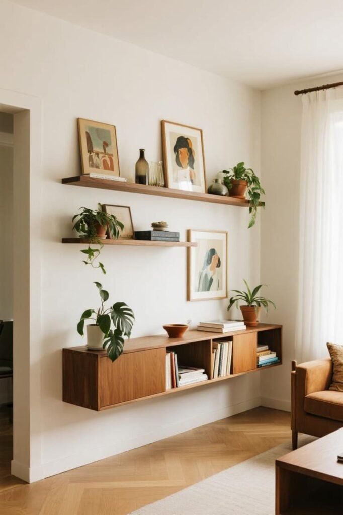 Floating Shelves with Leaned Art for living room gallery walls