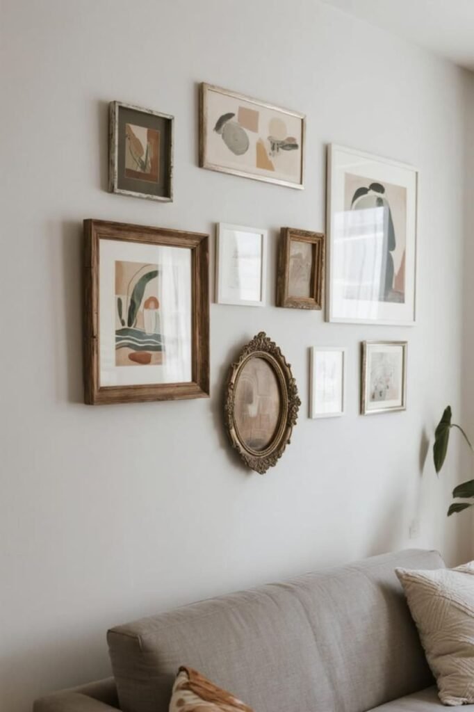 Mix of Frames and Textures for living room gallery walls