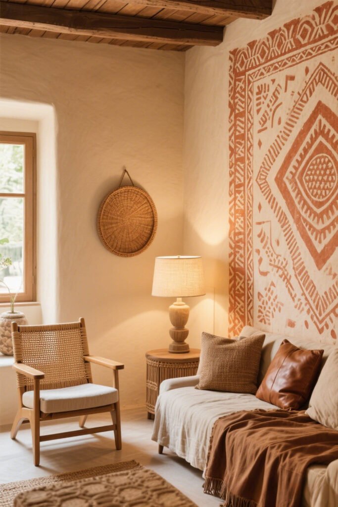 Warm Terracotta Wallpaper + Creamy Beige Paint
