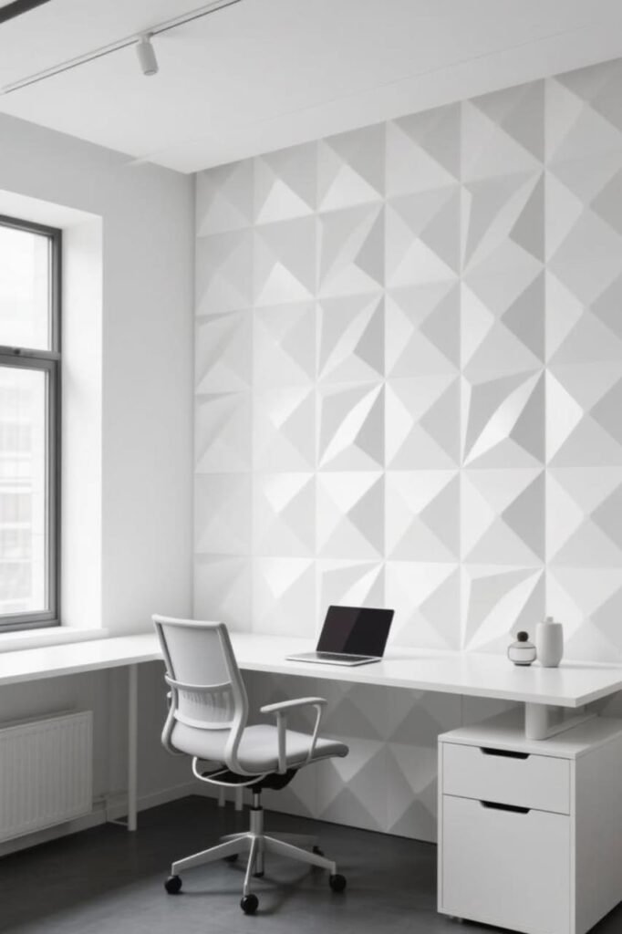 Office with white 3D geometric wallpaper creating depth behind desk.