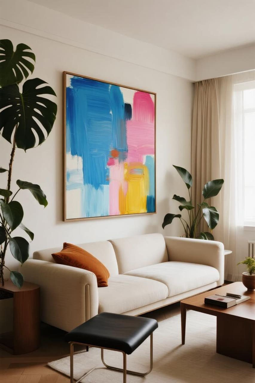 Living room featuring a large bold abstract printable wall art with vivid brushstrokes above a sleek sofa.
