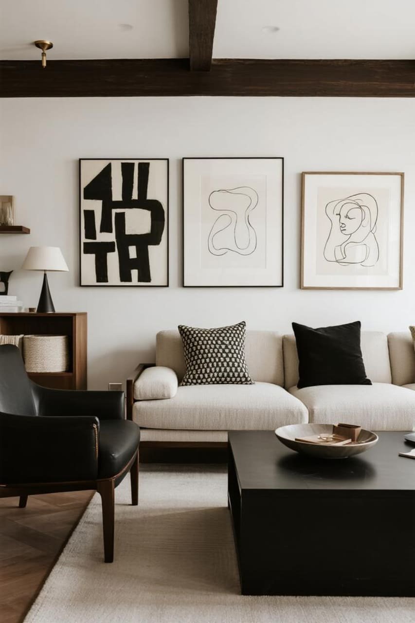 Black-and-white gallery wall mixing abstract art with minimalist line drawings.