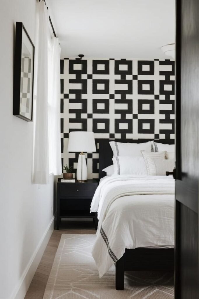 Accent wall with bold geometric wallpaper adds drama without overwhelming a small bedroom.