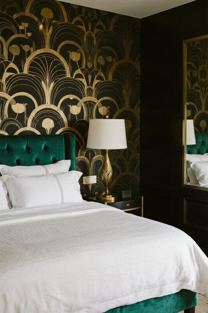 Bedroom with black and gold Art Deco wallpaper and emerald accents.