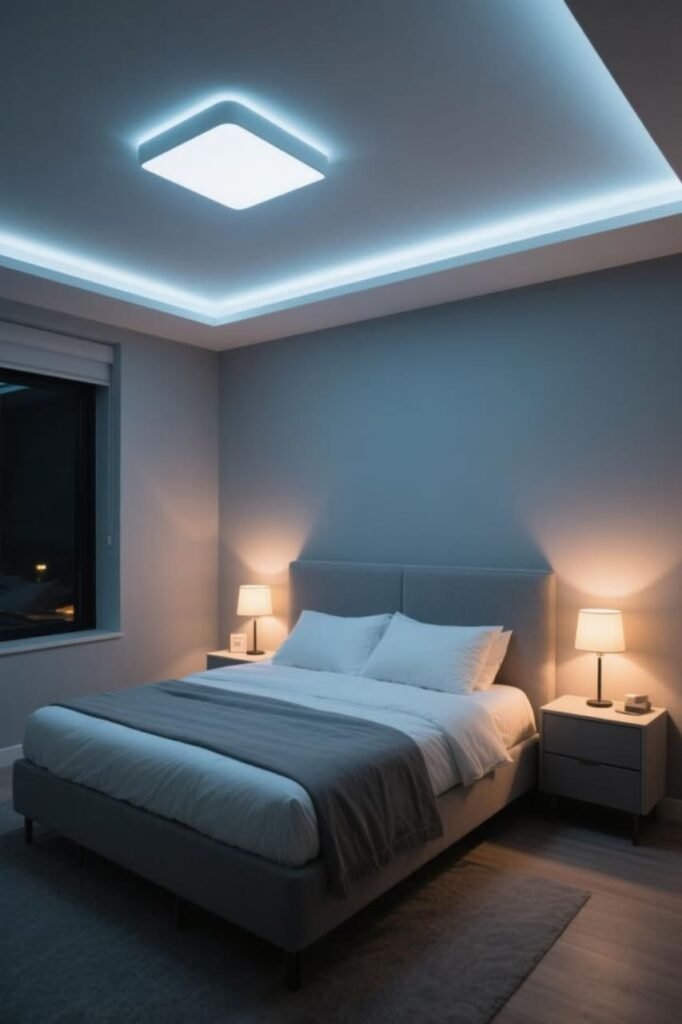 Gray bedroom wall shifting in tone under warm and cool artificial lighting.