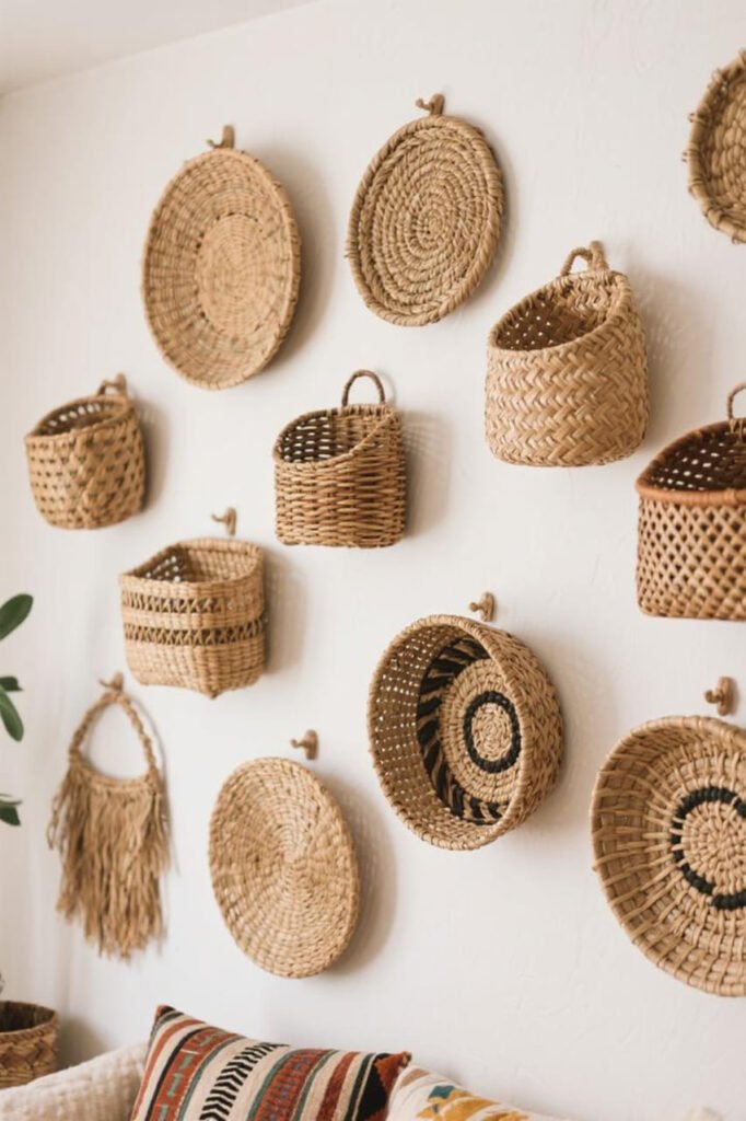 Wall display of woven seagrass and wicker baskets used as bohemian decor and storage.