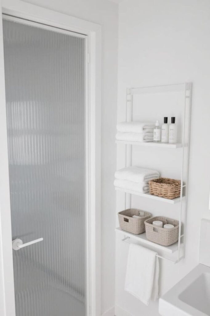 Behind-the-door shelving unit in a bathroom with towels, skincare, and baskets.
