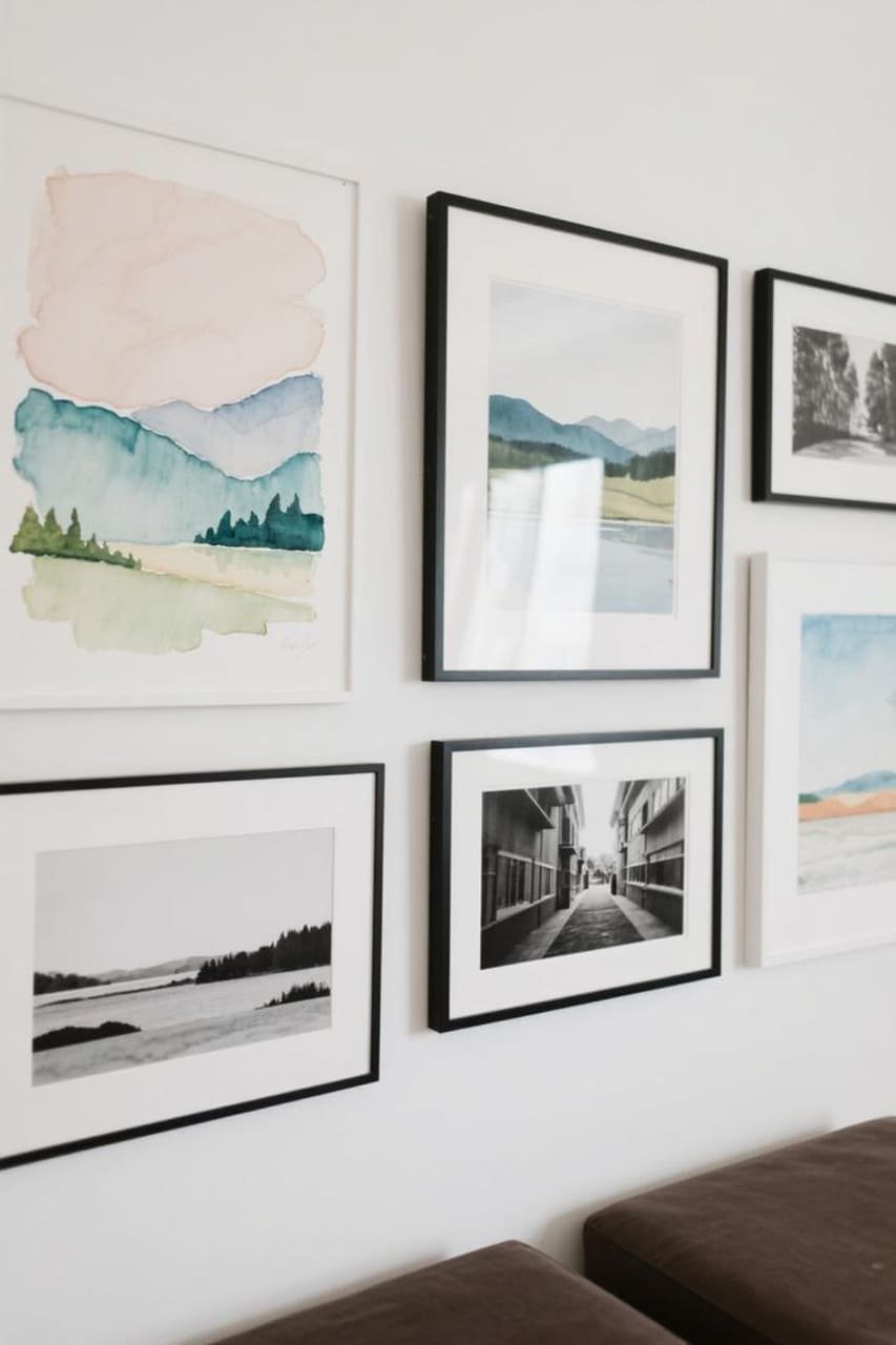 Gallery wall combining watercolor landscape art with black-and-white photography.