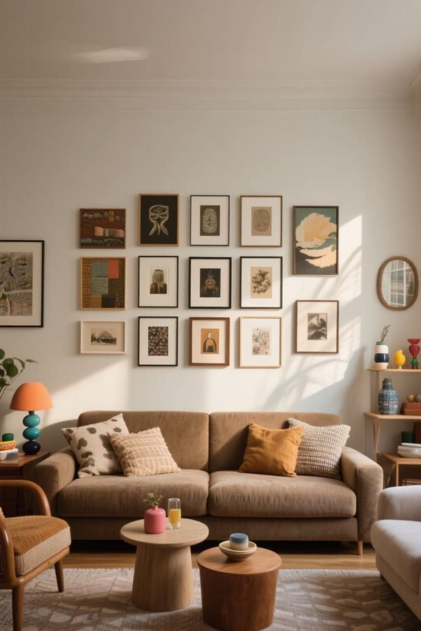 Living room wall combining symmetrical grid frames with eclectic decorative items for a hybrid gallery wall look.