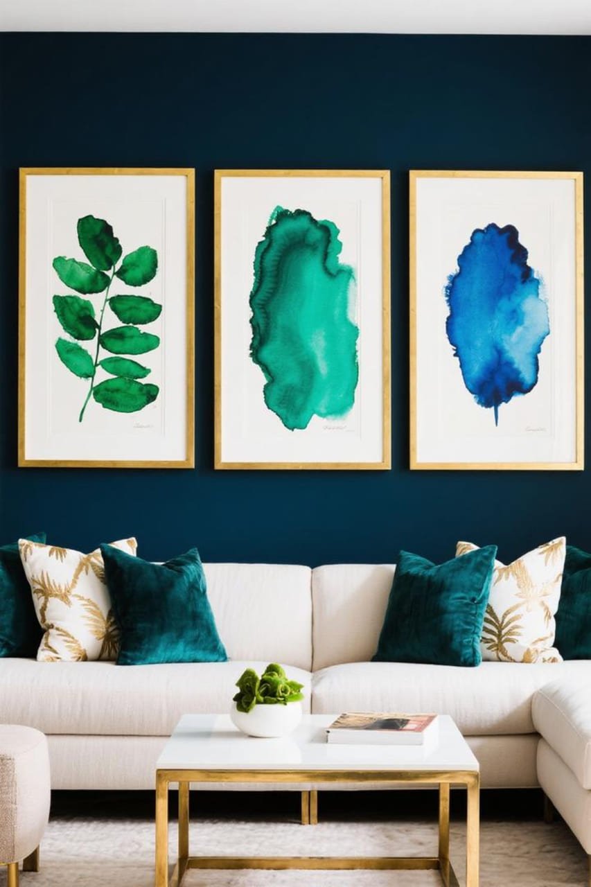 Bold jewel-toned watercolor prints framed in gold, adding drama to a modern living room.