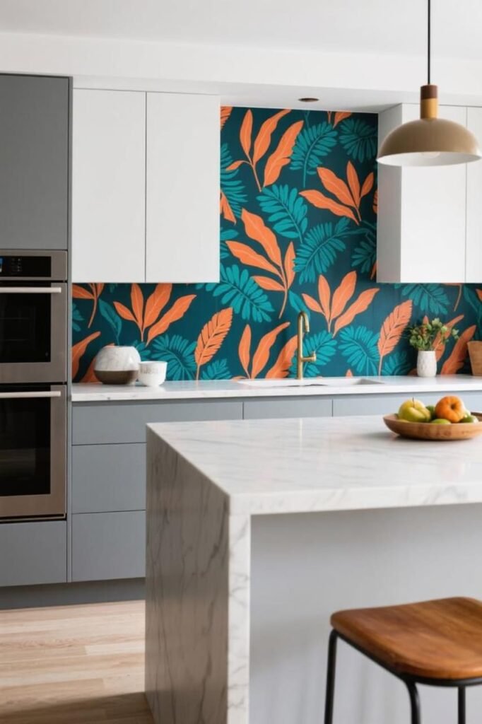 Bold, colorful botanical prints adding vibrancy to a modern kitchen wall.