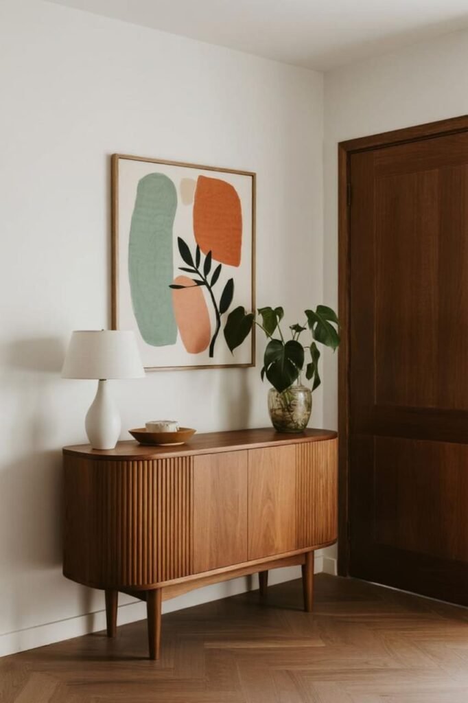 Abstract botanical art print in muted tones styled on an entryway table.