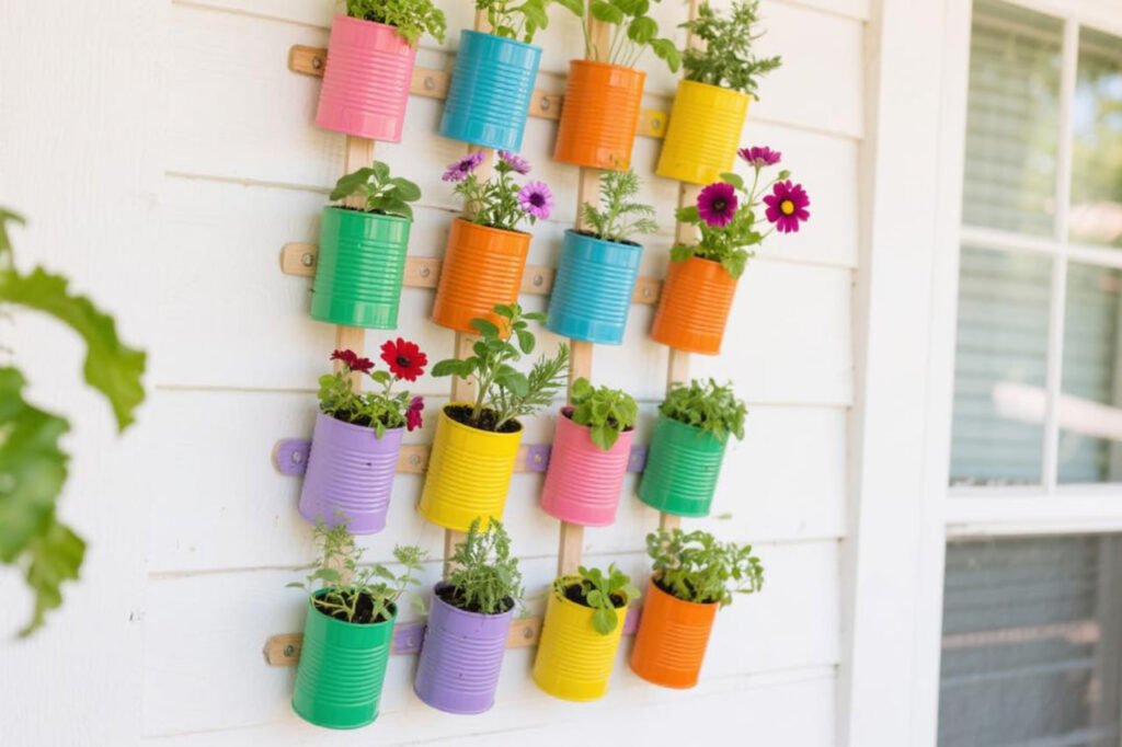 DIY vertical garden using recycled cans painted in bright colors holding herbs.
