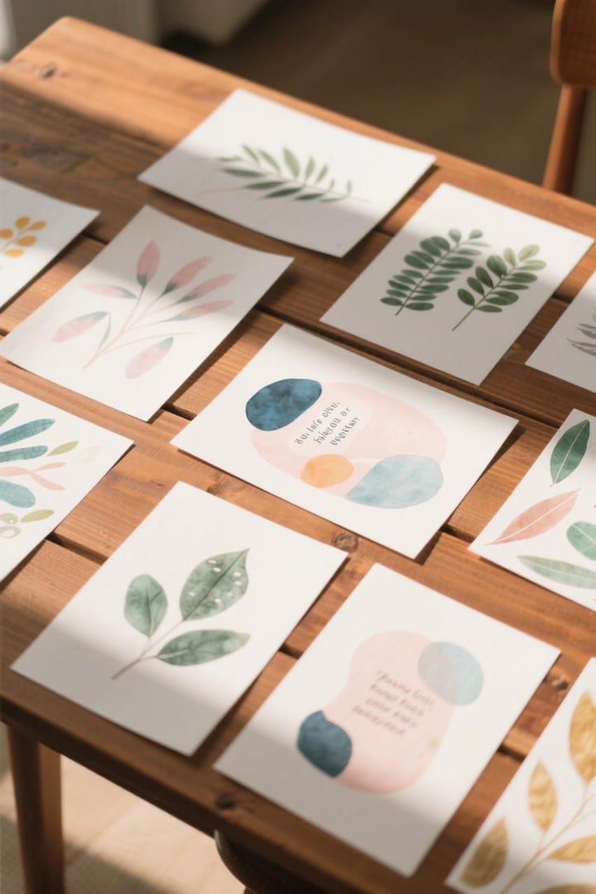 Assorted watercolor printable art designs featuring nature, abstract, and quote styles laid out on a wooden table.