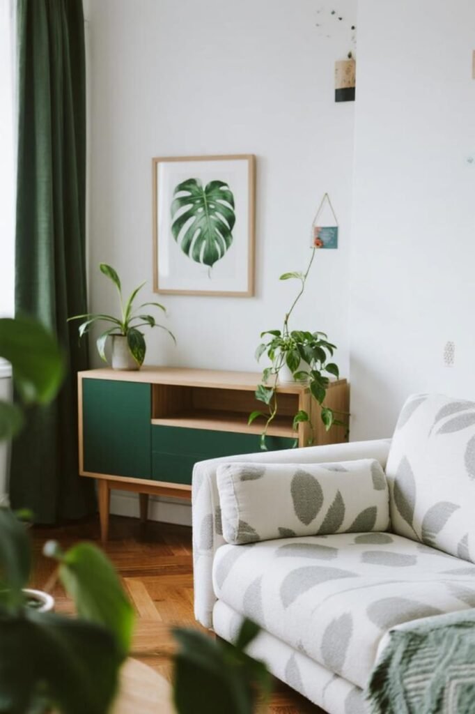 Classic green-and-white botanical printable art in a Scandinavian living room.