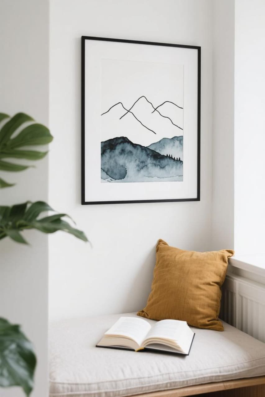 Framed minimalist black line drawing over a watercolor background on a white wall.