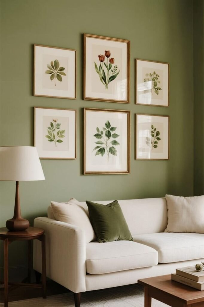 Gallery wall of coordinated botanical prints in soft earthy tones.