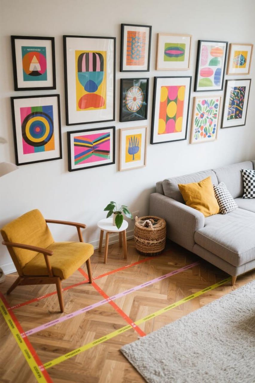 Gallery wall arrangement with bold colorful printable art laid out before hanging.