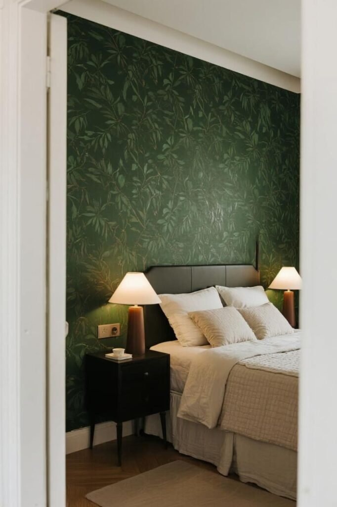 Dark green wallpaper in a small bedroom adds depth and makes walls feel expansive.