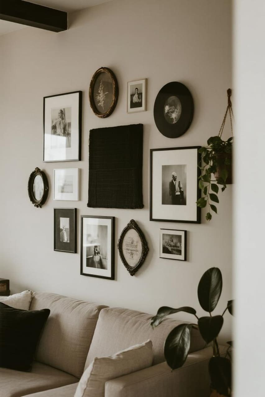 Eclectic cluster of black-and-white framed artwork arranged around a focal point.