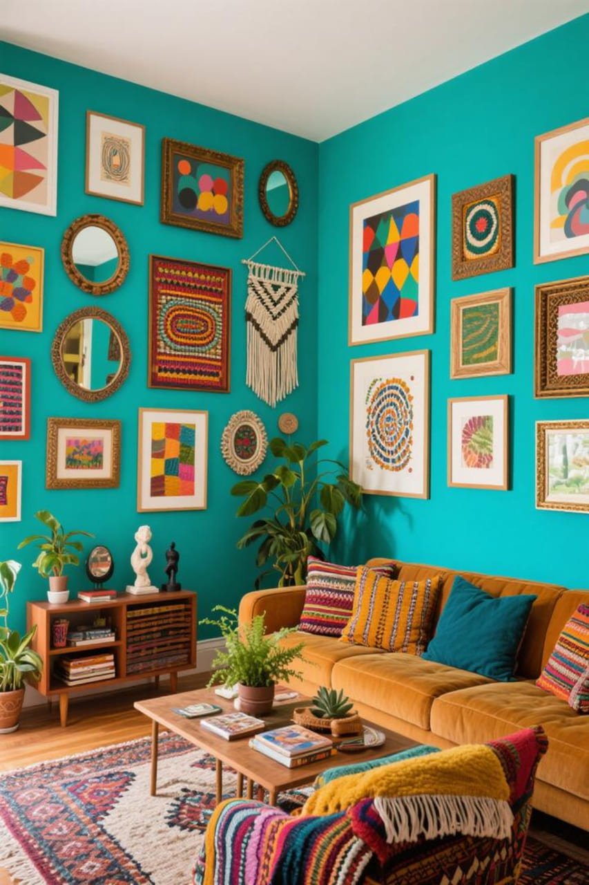 Colorful bohemian living room with eclectic gallery wall featuring mismatched frames, woven art, and quirky décor.