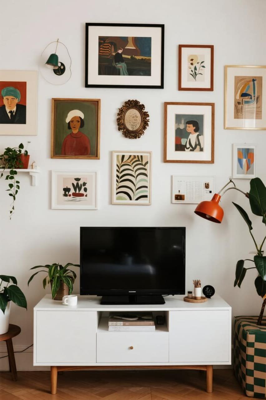 An eclectic gallery wall around a flat-screen TV featuring mixed frames, art styles, and textures, playful yet cohesive, with plants and small décor pieces integrated.