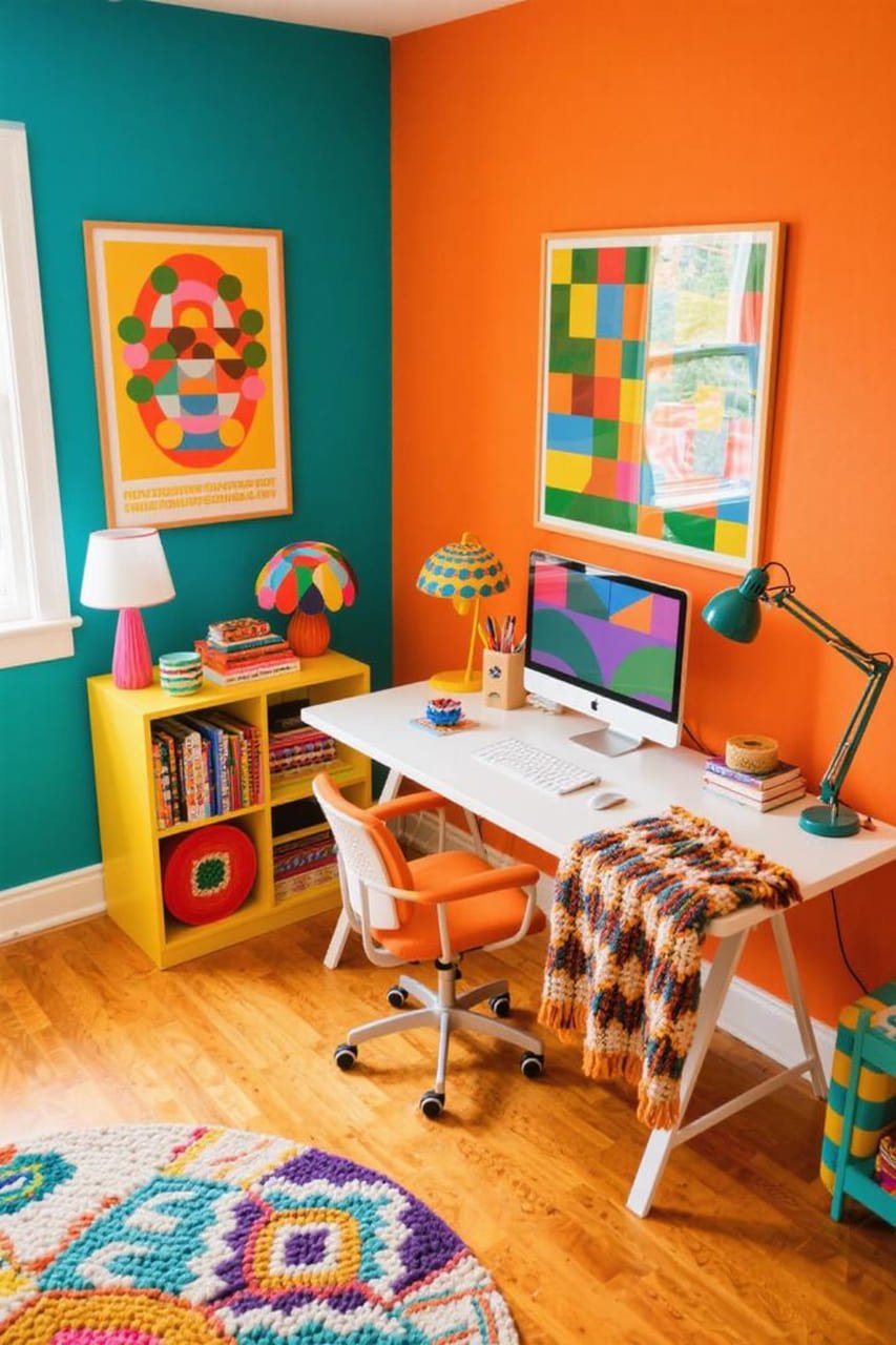 Eclectic home office decorated with bold printable wall art and textured accessories.