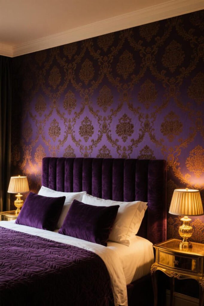 Bedroom with bold flock wallpaper in damask pattern and velvet decor.