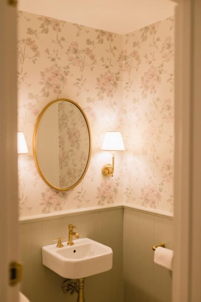 Pale floral wallpaper in a small powder room creates an airy, elegant look.