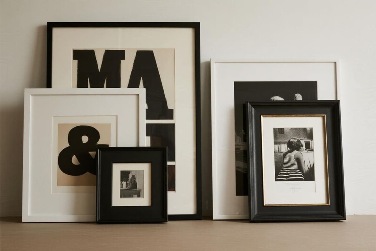 Assorted black, white, and mixed-color frames displayed with monochrome prints.