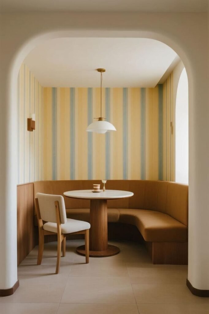 Accent wall with bold geometric wallpaper adds drama without overwhelming a small bedroom.