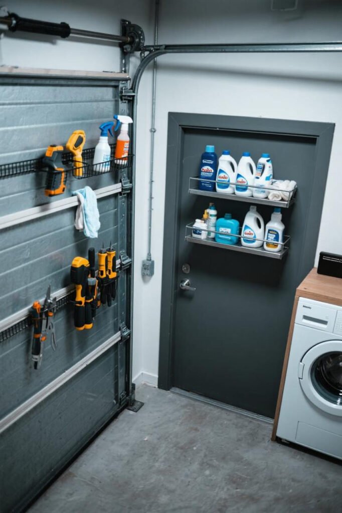 Garage and laundry doors with behind-the-door storage for tools and cleaning products.