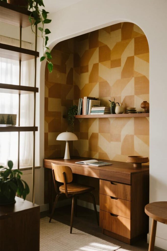 Geometric wallpaper in a small office adds depth and makes the space feel larger.