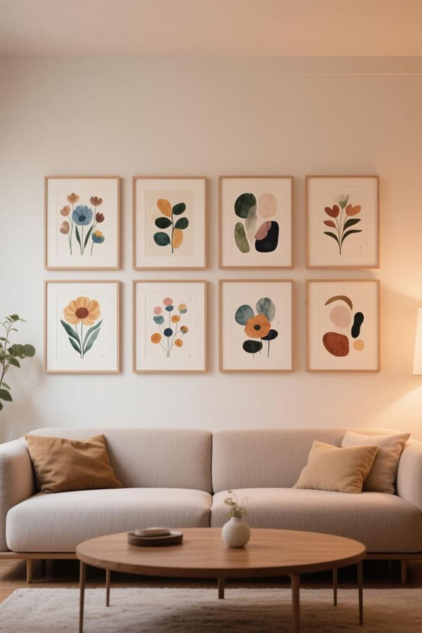Gallery wall of watercolor floral and abstract prints in matching frames on a living room wall.