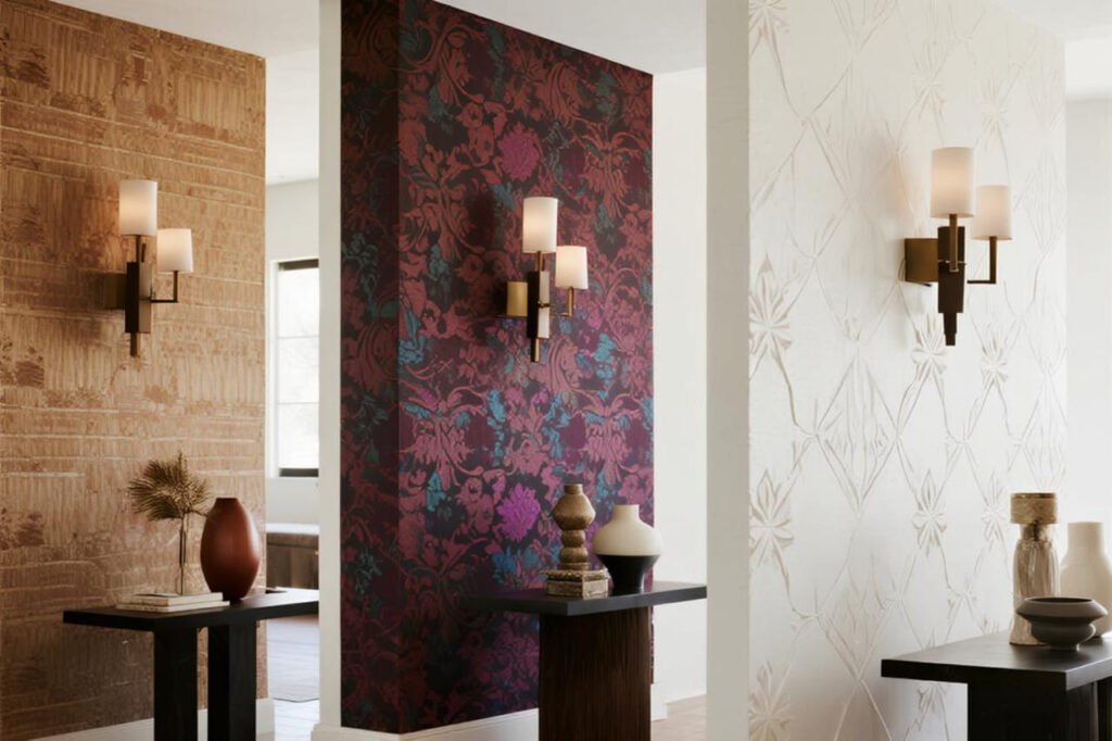Comparison of grasscloth, flock, and 3D wallpaper styles in different rooms.