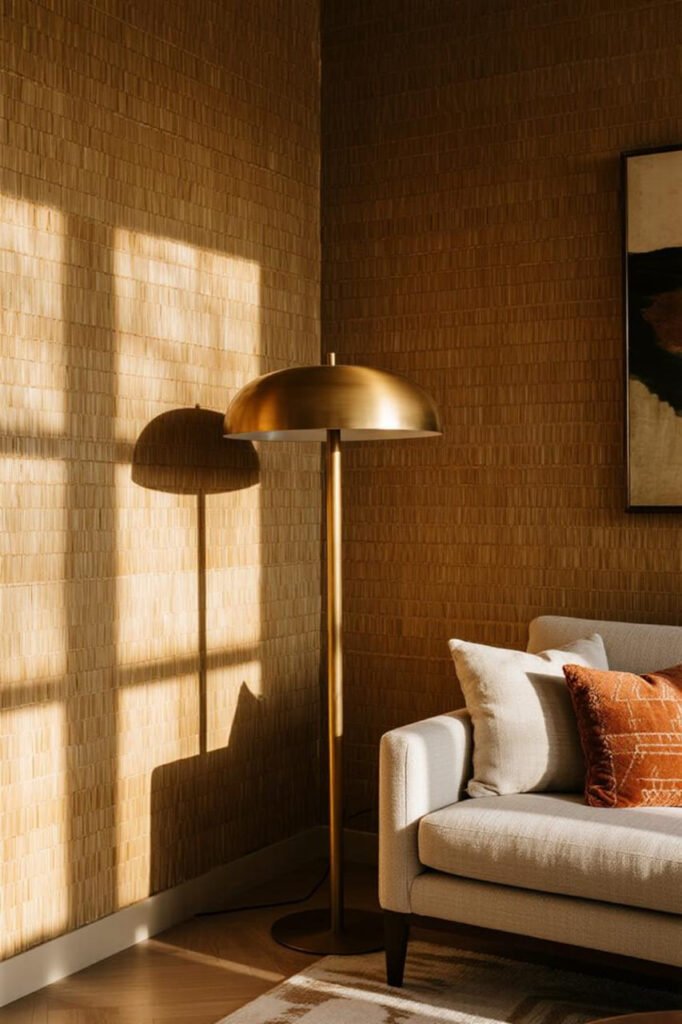 Living room with natural grasscloth wallpaper accent wall and warm decor.