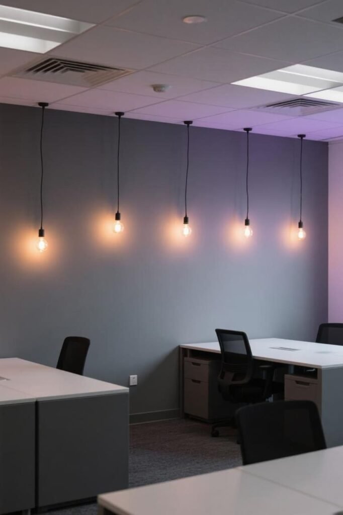 Gray walls appearing purple-toned under warm artificial lighting.