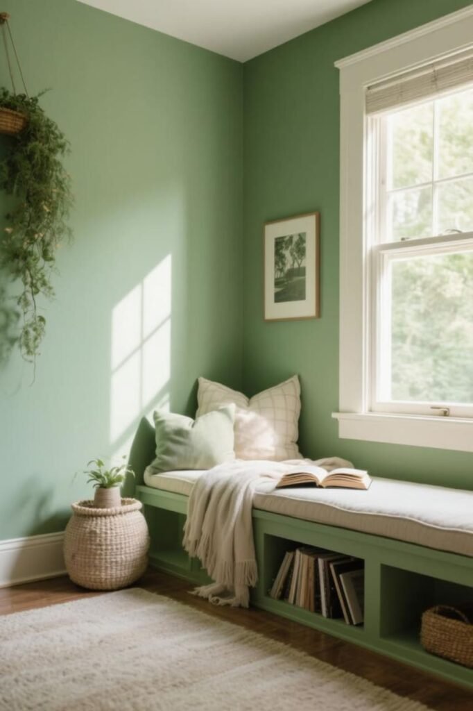 Sage green painted walls looking vibrant and refreshing in natural light.