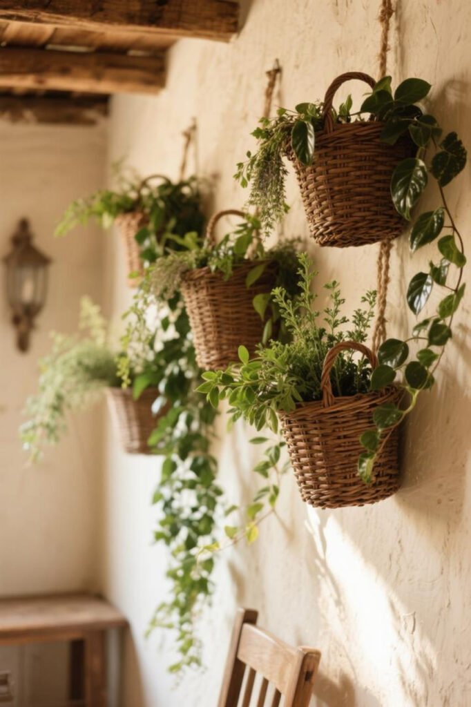 Woven hanging baskets attached to a wall, filled with cascading green ivy and herbs, rustic cozy vibe, soft natural light.