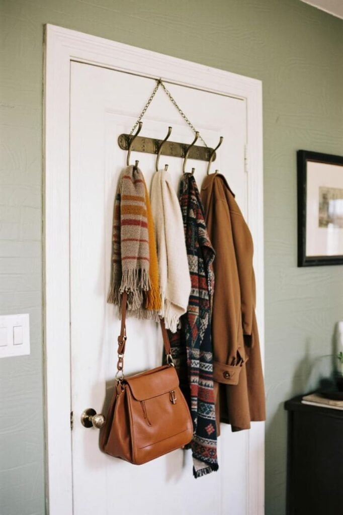 Behind-the-door hooks and rails holding coats, scarves, and bags.