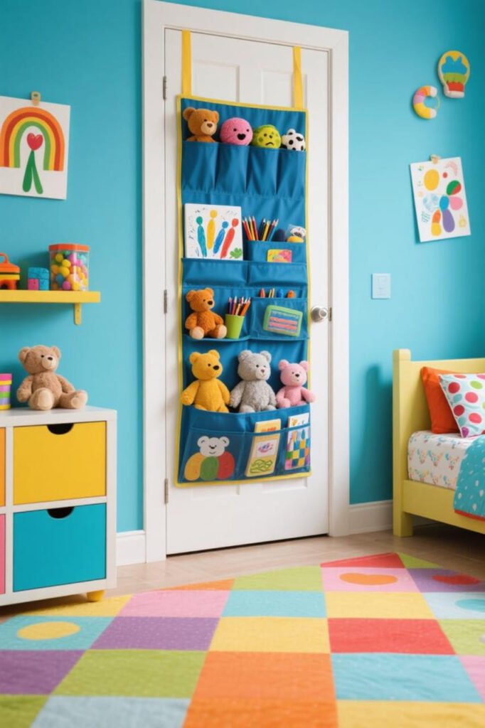 Behind-the-door organizer in kids’ room holding toys, stuffed animals, and art supplies.