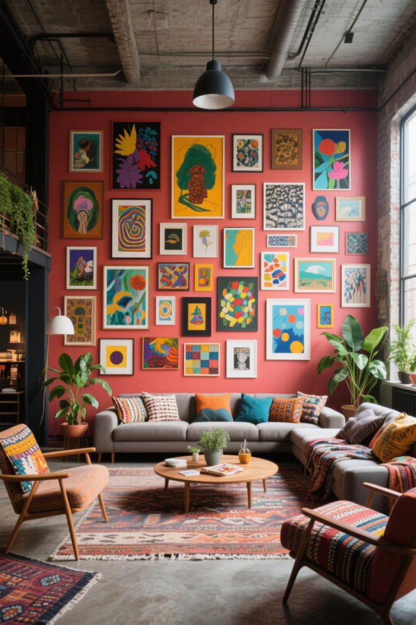 Spacious loft living room featuring a large eclectic gallery wall with colorful art and bold accent décor.