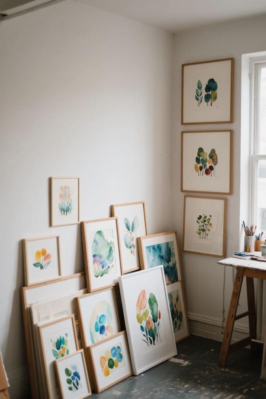 Layered watercolor prints leaning against a wall for a casual studio-style display.