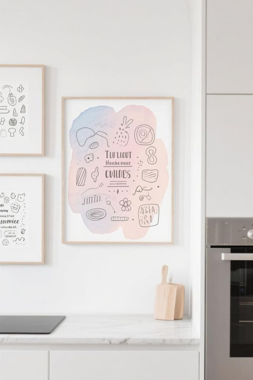 Custom watercolor art print featuring pastel wash background with doodles and text overlay.