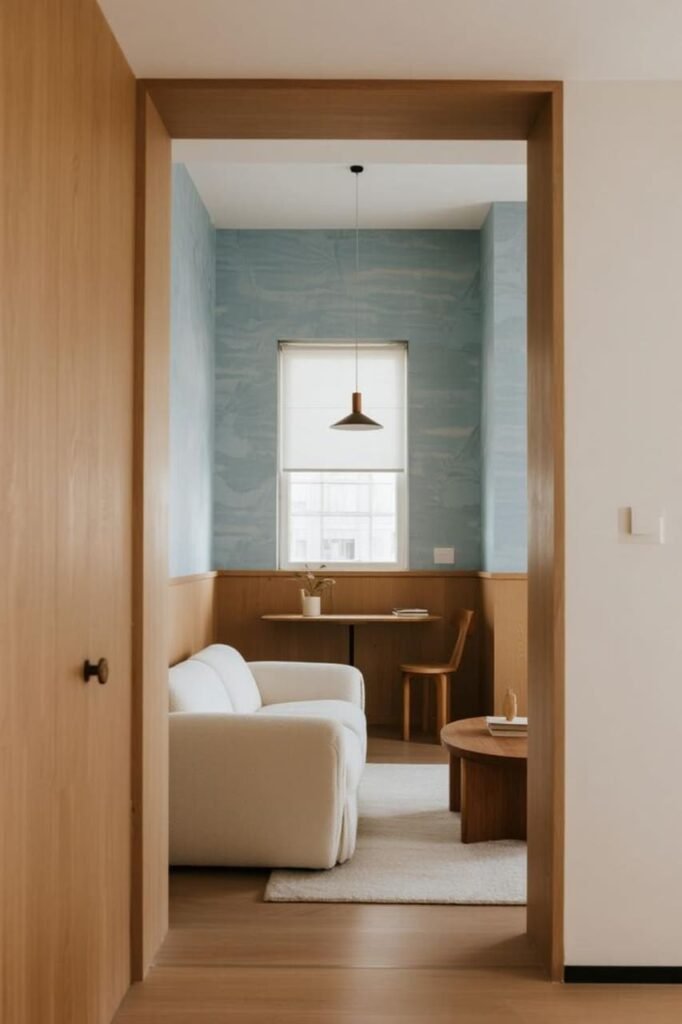 Light blue wallpaper in a small living room creates an airy and open atmosphere.