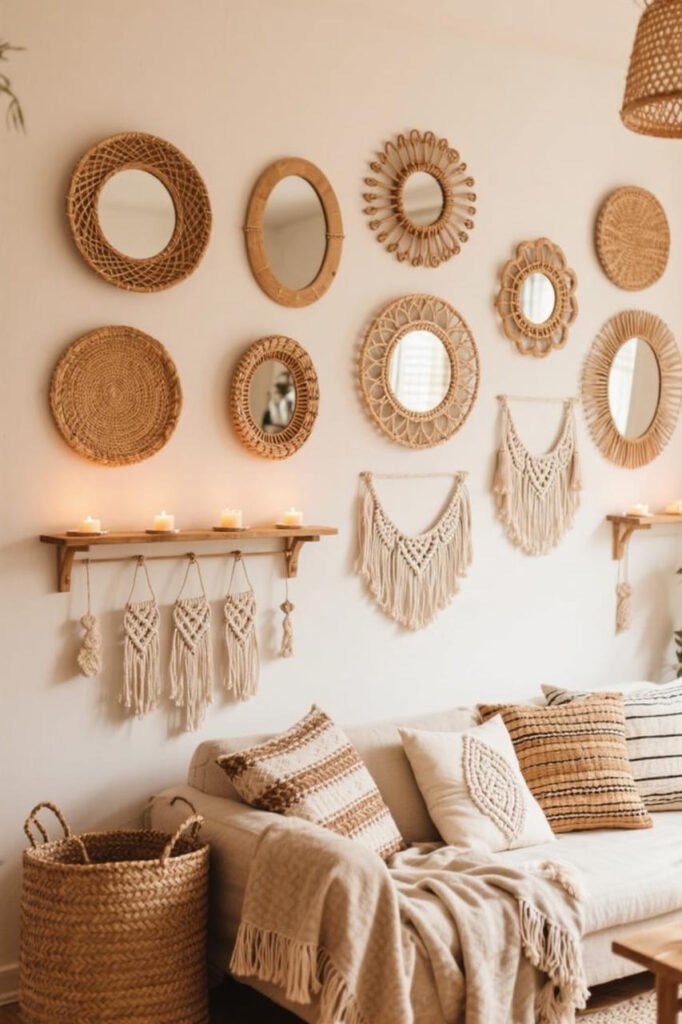 Bohemian living room wall with baskets holding blankets, macramé shelves, and rattan mirrors.