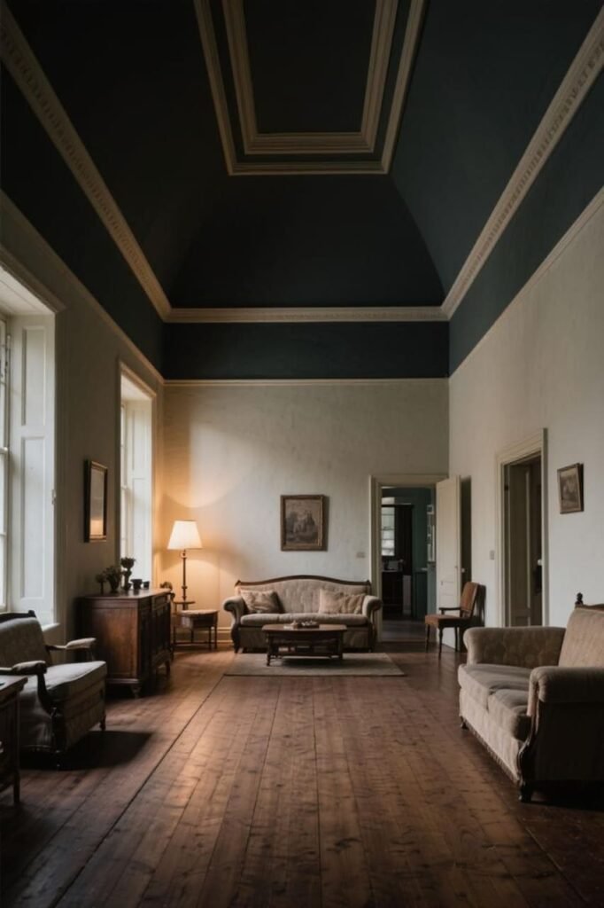 High-ceiling living room with a dark-painted ceiling to visually lower the height.