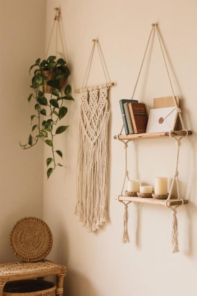 Bohemian wall decorated with macramé plant hangers, storage pouches, and a hanging shelf with candles.
