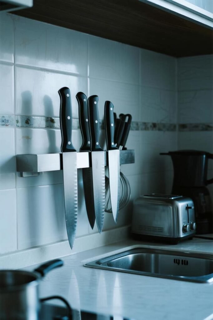 Magnetic wall knife strip holding a set of sharp knives.